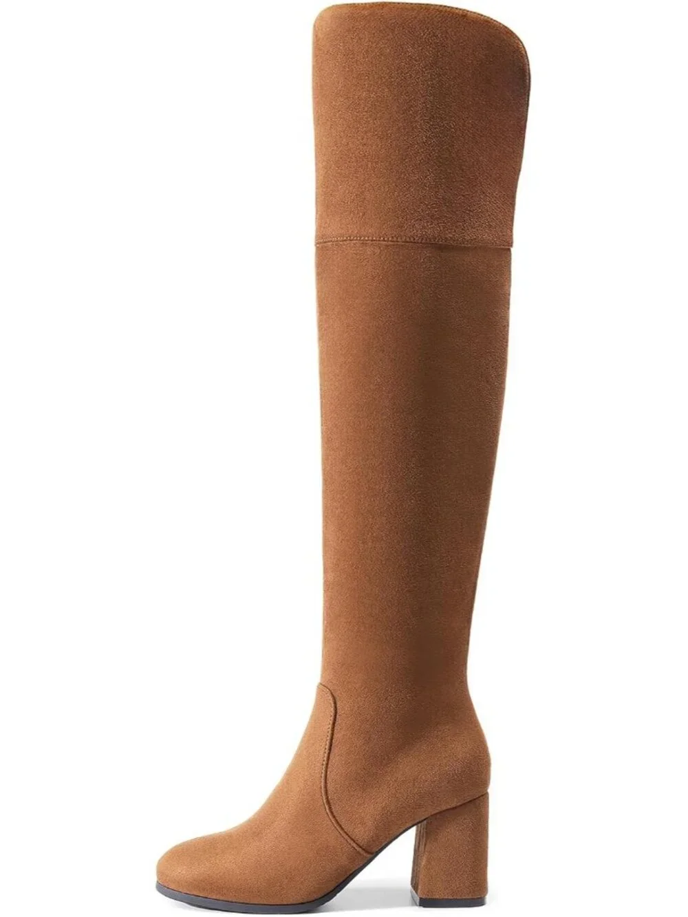 Women's Brown Round Toe Side Zipper Chunky Heel Over The Knee Thigh High Boots